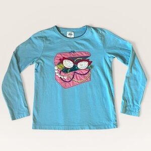 Mini Boden Blue Long-Sleeve Shirt with Sequin Heart Box Graphic